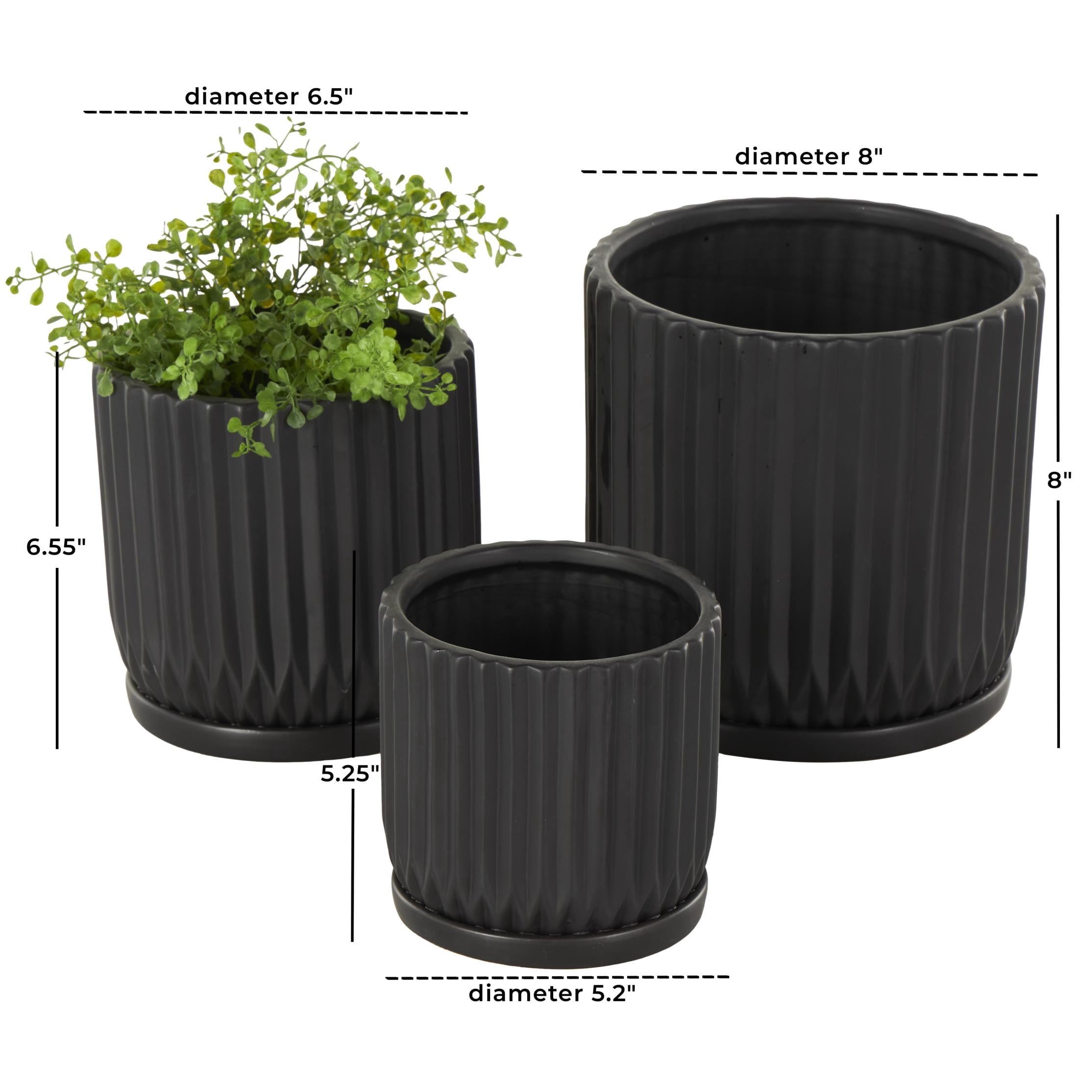 DecMode 8",7",5"H Ribbed Black Ceramic Planter with Attached Saucer (3 Count)