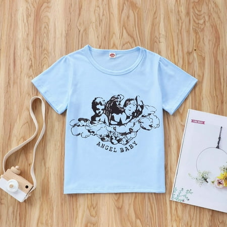 

Tejiojio Girls and Toddlers Soft Cotton Clearance Summer Middle-aged Girls Angel Print Short-sleeved Round Neck T-shirt Top