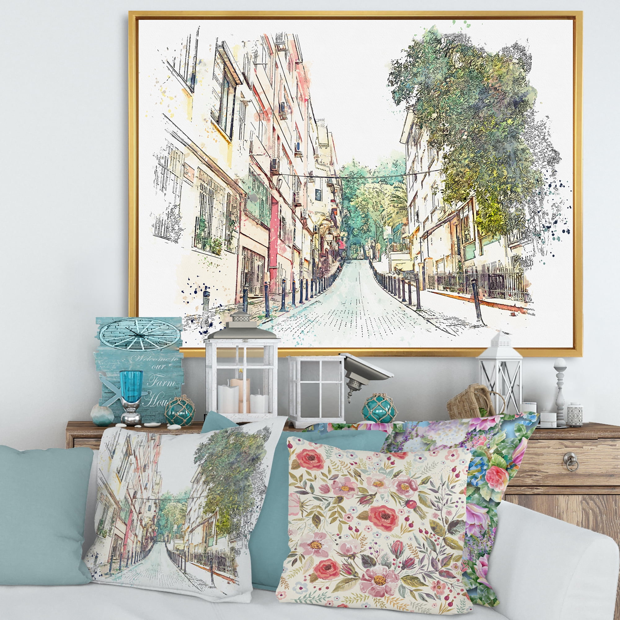 Traditional Street In City Istanbul 32 in x 24 in Framed Painting Canvas Art Print, by Designart