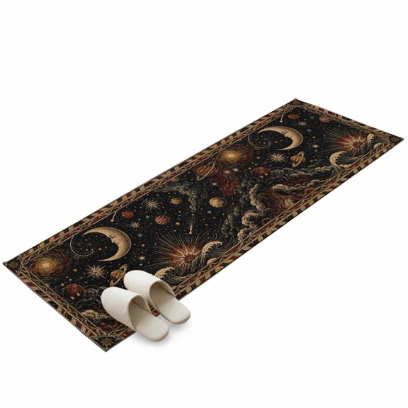 Crescent Moon Face Washable Area Rug 2 x 6 ft Vintage Gold Mythical Nautical Planet Ocean Soft Non‑Slip Rugs Stain Repellent Indoor Mats for Long Hallway, Kitchen Runner, Corridor Laundry