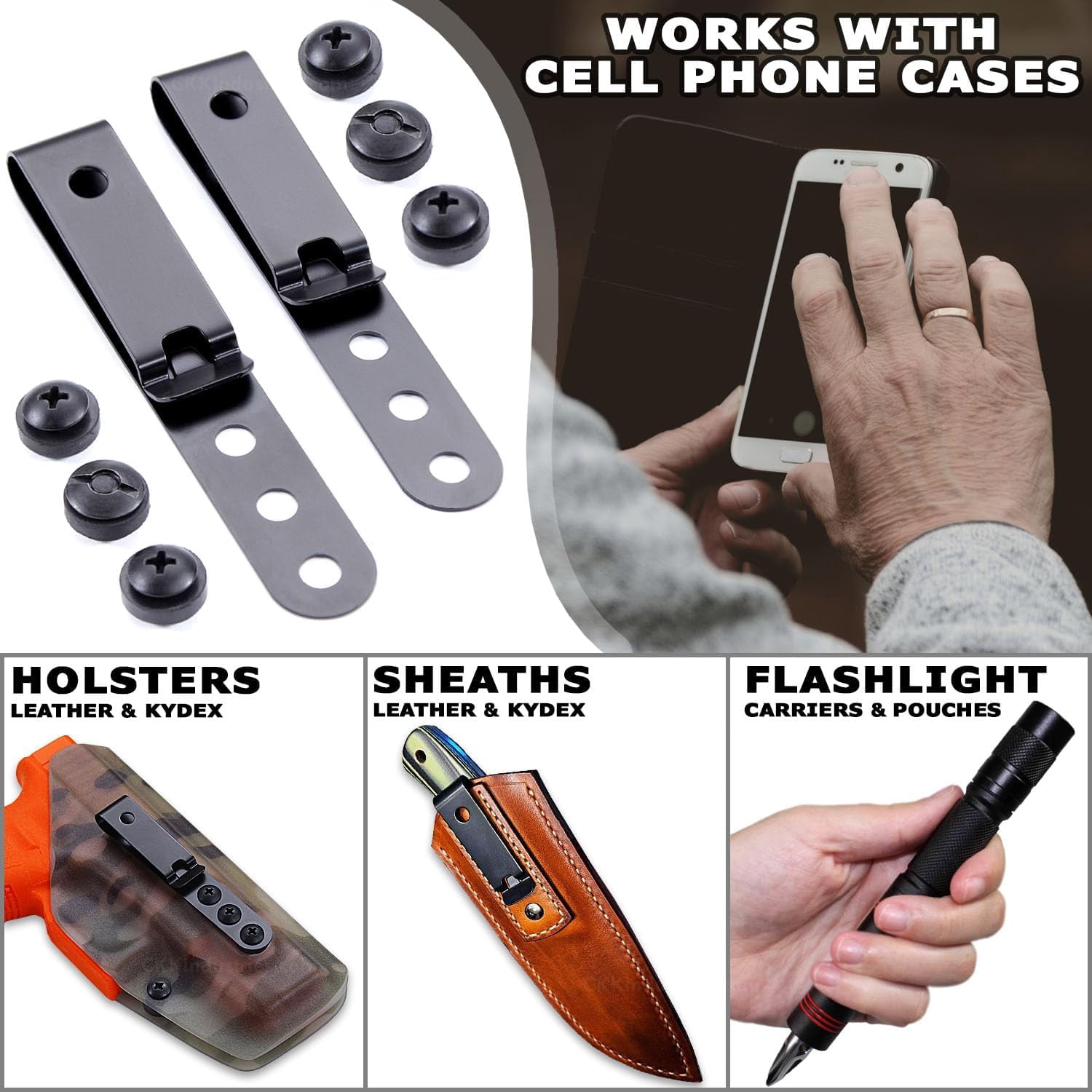 HolsterSmith Universal Metal Belt Clip for Holster Making - (Model 5) - (3-Hole) - (Tactical Black) - (w/SPTHA Mounting Hardware) - (2 Pack)