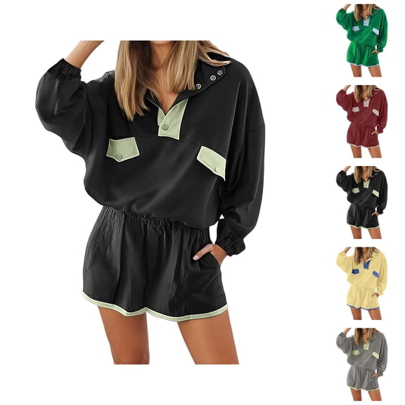 Short Sets for Women Loose Fit Long Sleeve Color Block Stand Collar Shirt and Shorts 2 Piece Matching Set Streetwear