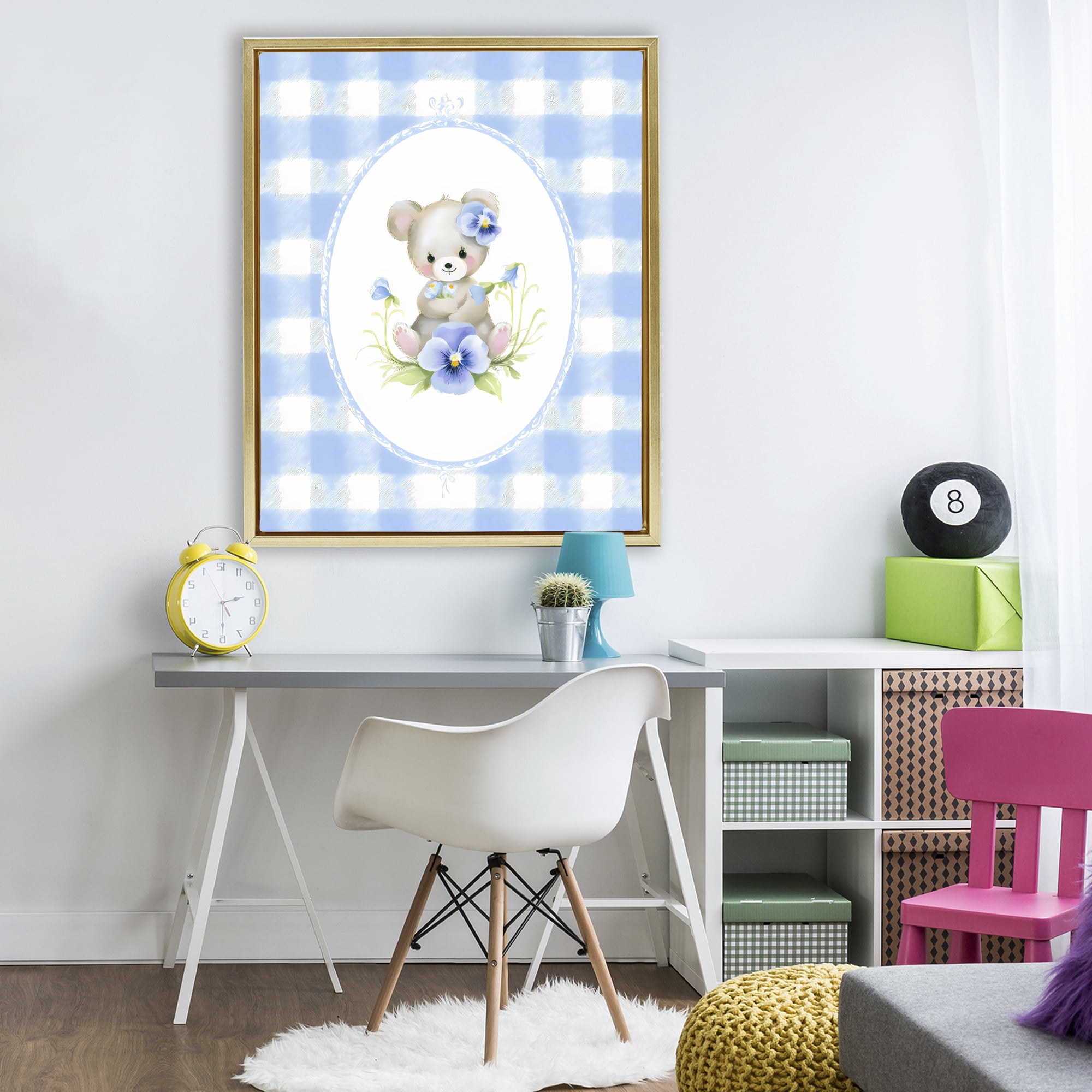 Stupell Industries Little Bear Blue Gingham Gold Framed Floater Canvas Wall Art, design by Arlington Prints