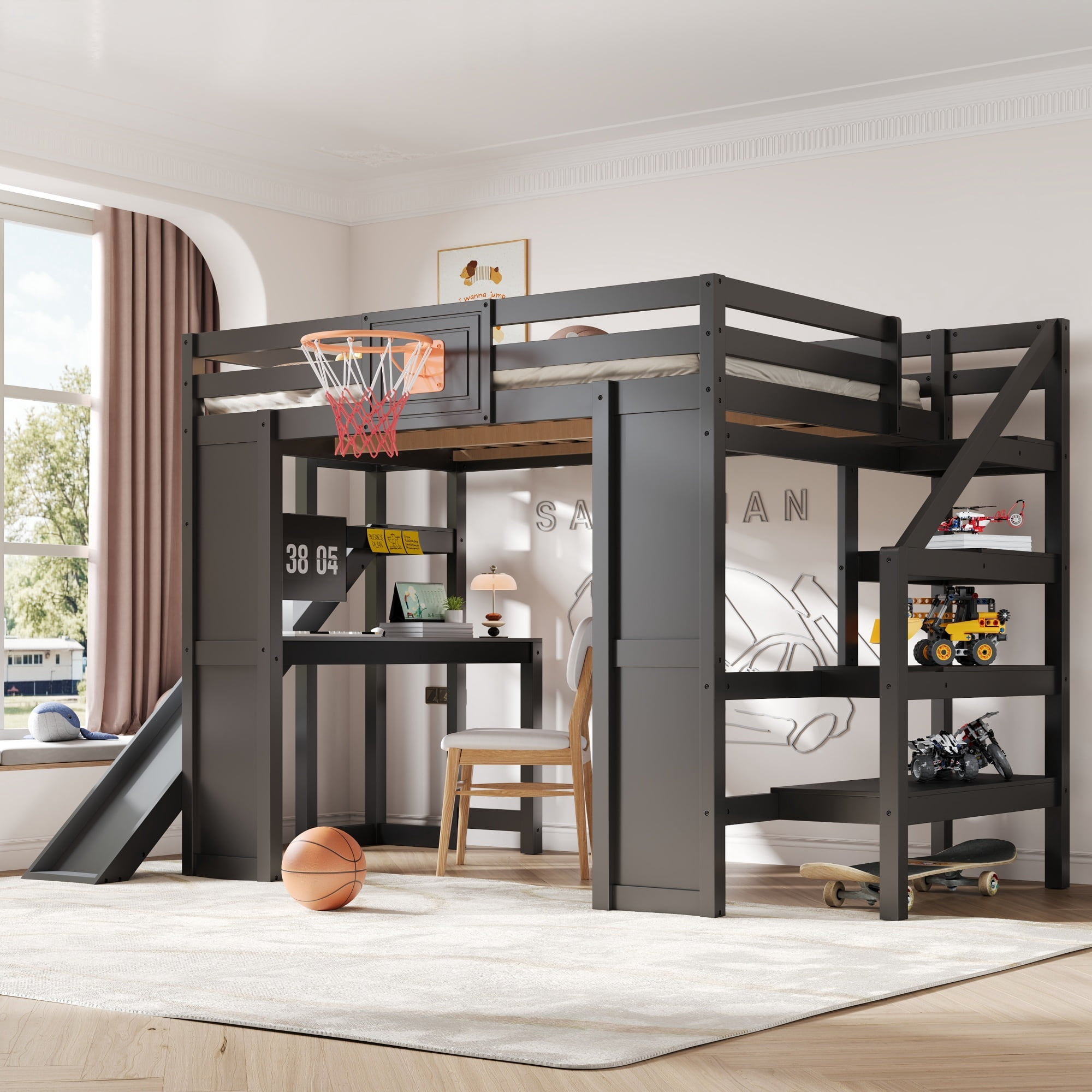Euroco Wood Full Size Loft Bed with Desk and Shelves, Storage Bed with Basketball Hoop and Slide, Black
