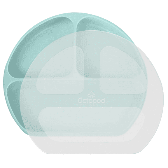 Octopod® Silicone Suction Triangle Plate with Lid for Babies and Toddlers – BPA-Free, Divided Non-Slip Plate with Secure Cover – Microwave & Dishwasher Safe, Baby-Led Weaning Friendly (Baby Blue)