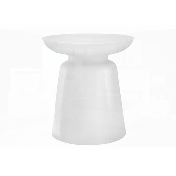 22" High White Metal Accent Table, Drum Style, for Living Room & Bedroom, Hammered Texture, Contemporary Design