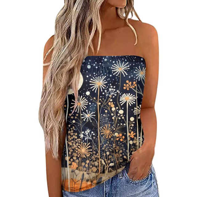 Las mujeres camisetas sin mangas Camiseta sin mangas Bandeau sin tirantes a juego de colores para mujer, camiseta cómoda sin mangas para vacaciones de verano, camiseta holgada para (Navy, M)