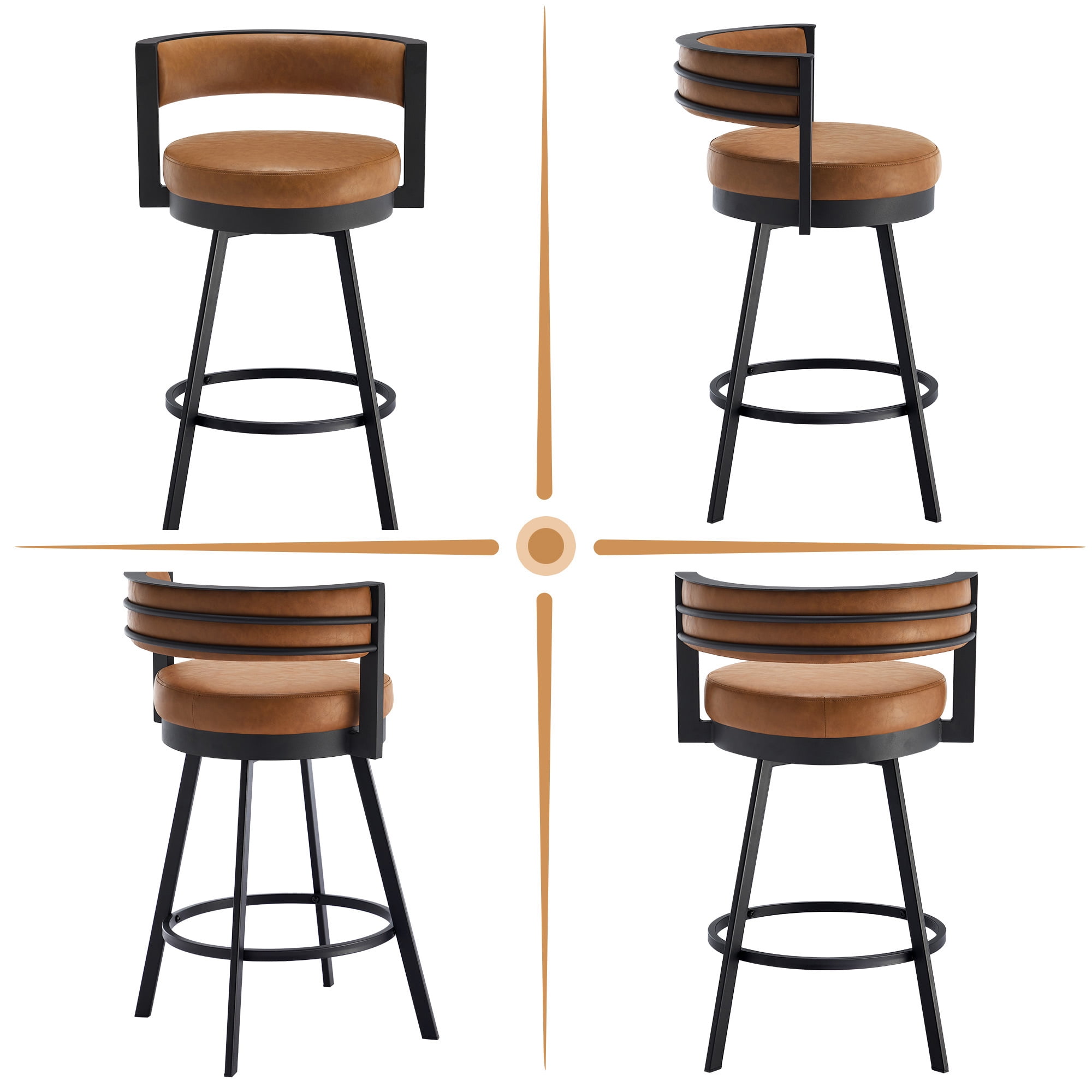 Zesthouse 26.6″ Swivel Bar Stools Set of 2, Faux Leather Upholstered Counter Height Chairs with Barrel Back & Matte Black Metal Legs, Modern Barstools for Kitchen Island, Brown