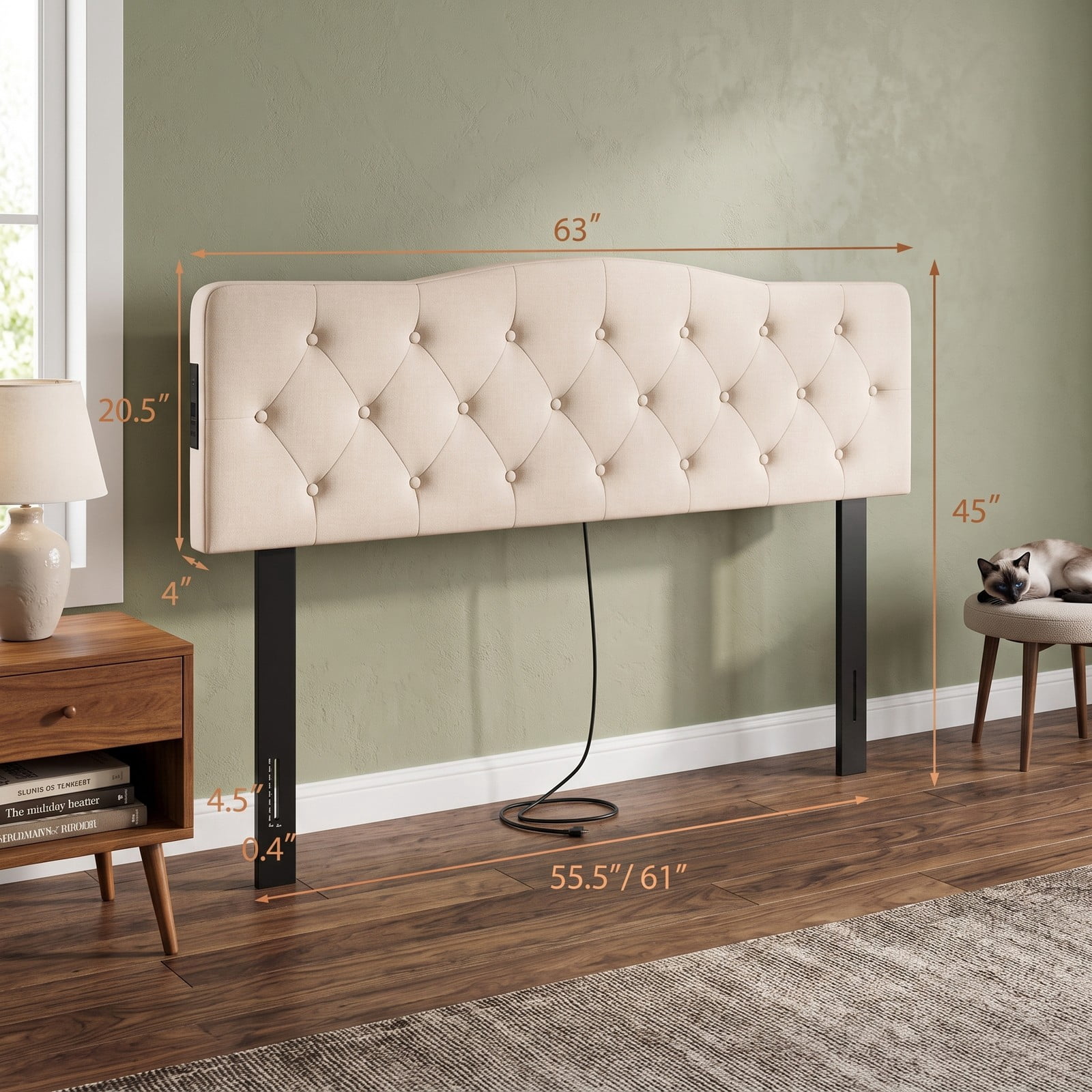 Furnibear Tufted Upholstered Headboard with Diamond Button Tufting and 2 AC Outlets and USB and Type-C Charging Ports for Full and Queen Beds, Beige