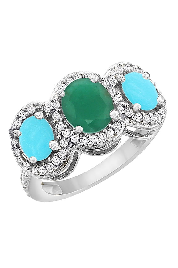 14K White Gold Natural Emerald & Turquoise 3-Stone Ring Oval Diamond Accent, size 5
