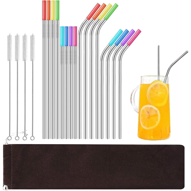 Set de 16 Piezas Popotes, Popotes de Acero Inoxidable Reutilizables con Puntas de Silicón, para Hogar, Fiestas y Viajes
