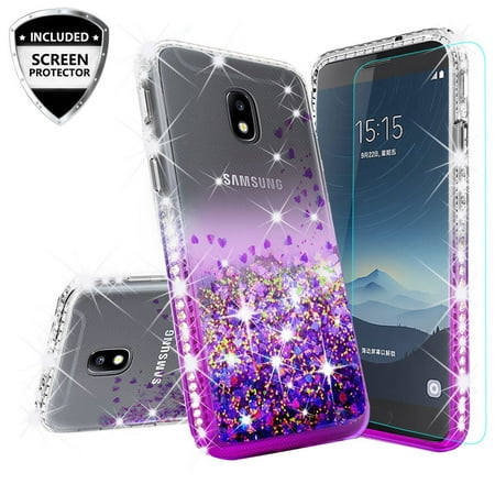 For Tracfone/StraightTalk Samsung Galaxy J3 Orbit (S367VL) Case w/Tempered Glass,Cute Shock ProofLiquid Glitter Bling Diamond Bumper Phone Case - Purple/Clear