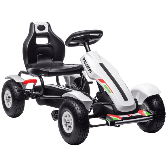 Aosom Pedal Go Kart for Kids, Pedal Car with Adjustable Bucket, Handbrake, 4 Rubber Wheels Powered Ride, White