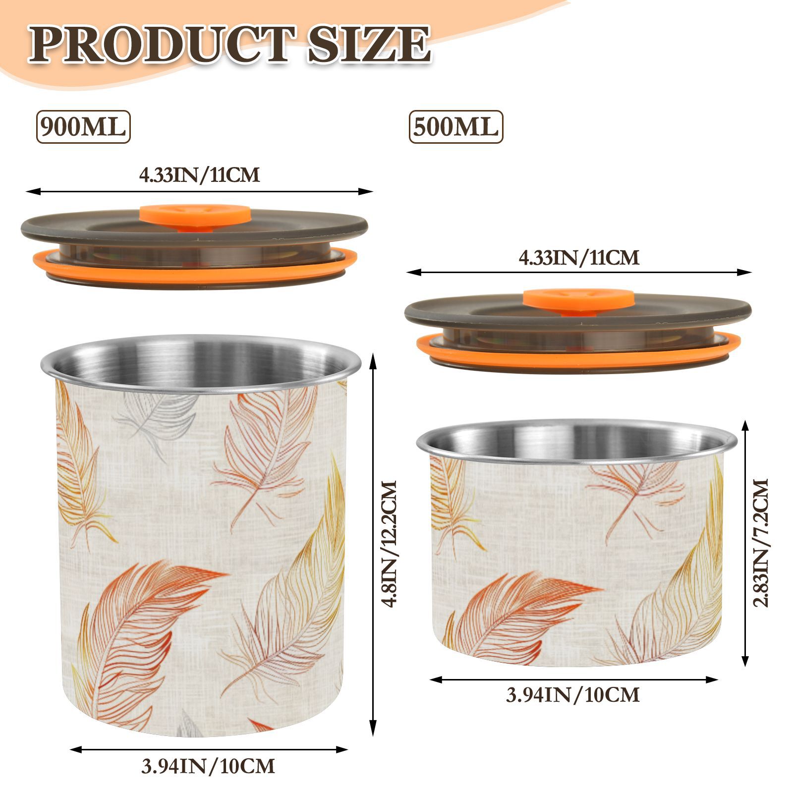 Orange & Yellow Feather Airtight Coffee Bean Canister 30oz Food Storage Containers with Lids For Gournd, Tea, Sugar, Flour, Rice, Cereal, Candy Cookie Jar