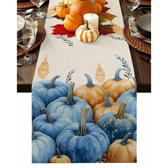 Thanksgiving Fall Blue Pumpkin Harvest Table Runner-36 Inch Long Autumn Leaves Table Runners Linen Burlap Tablerunner for Kitchen Dining Room Holiday Party