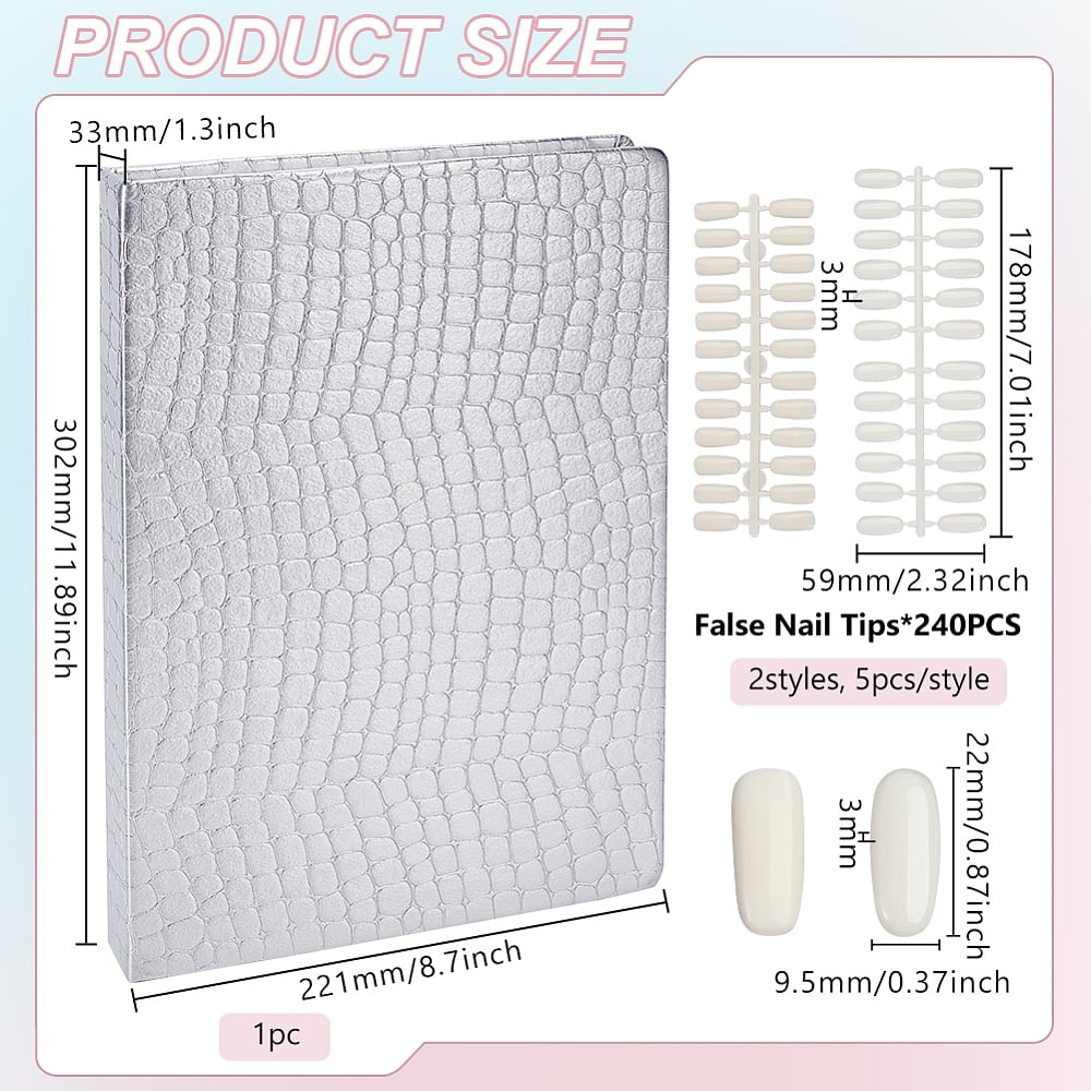 2 sets 2 styles Plastic False Nail Nail Art Decoration Accessories 1pc PU Leather & Wood & Plastic color Card box Silver Nail: 170~183x60~60x2~3mm 1 set/style