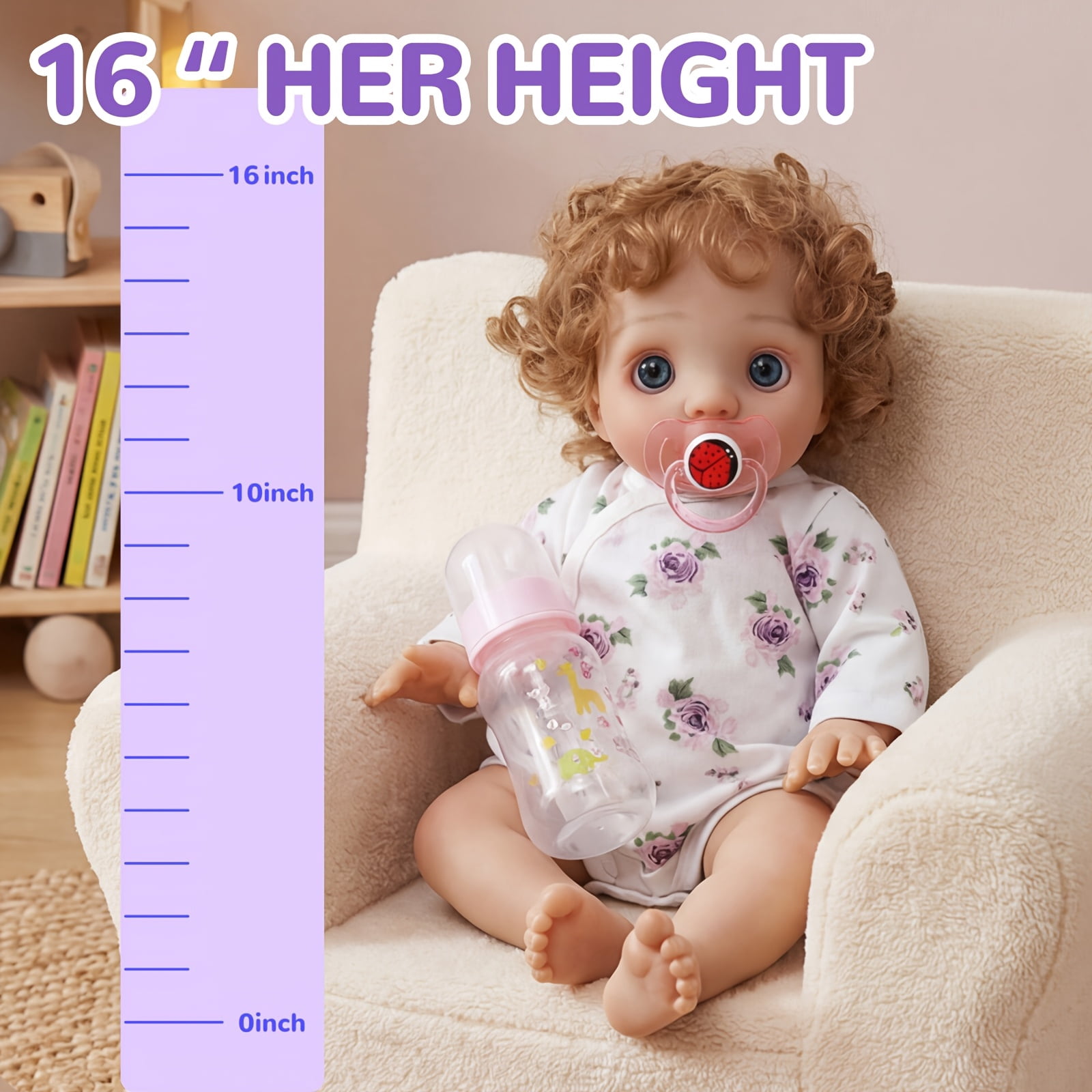 16 Inch Realistic Reborn Baby Doll, Cute Big Eyes Curly Hair Toddler Doll, Lifelike Soft Vinyl Baby Doll Gift For Girls