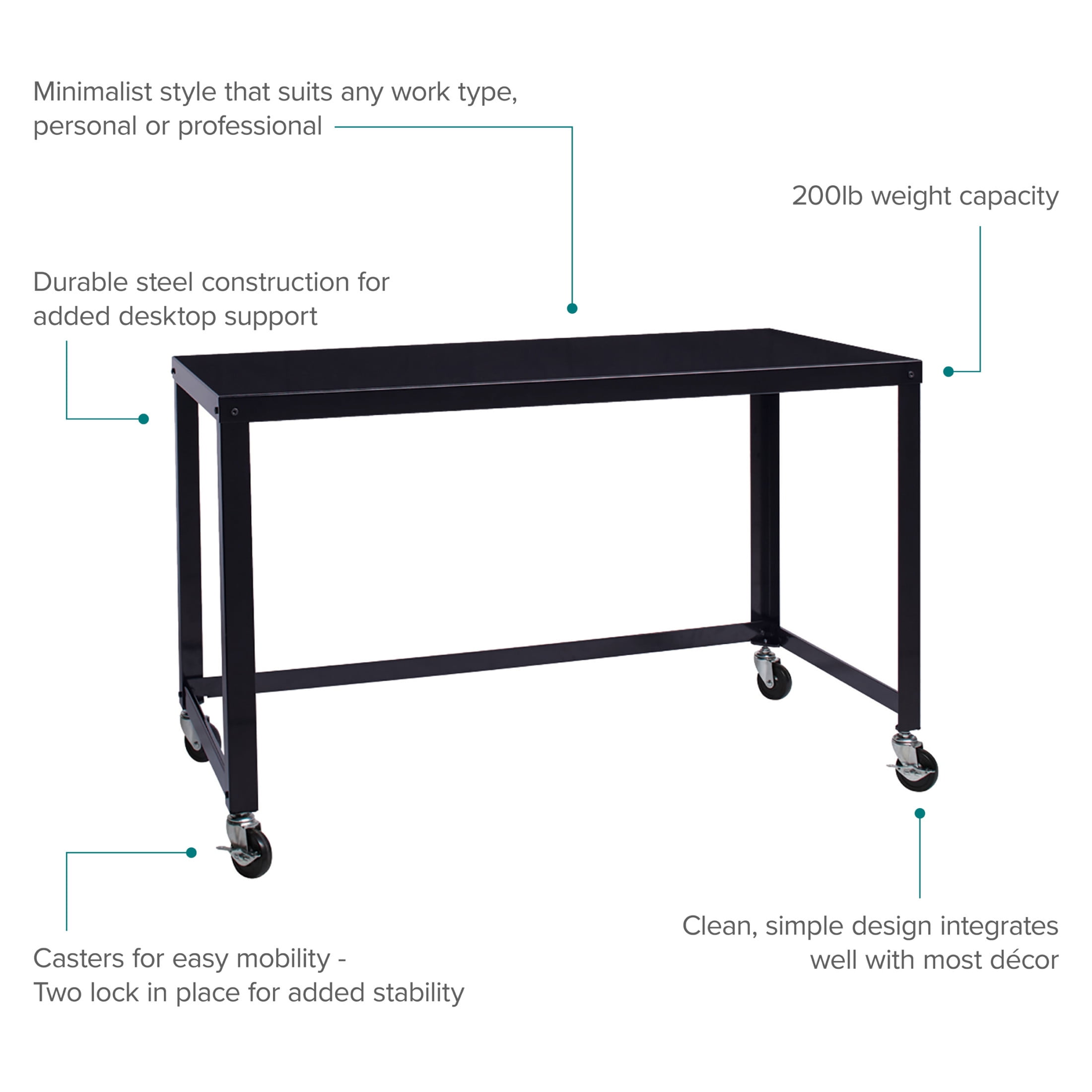 Hirsh Ready-to-Assemble 48-inch Wide Mobile Metal Desk for Home Office, Black