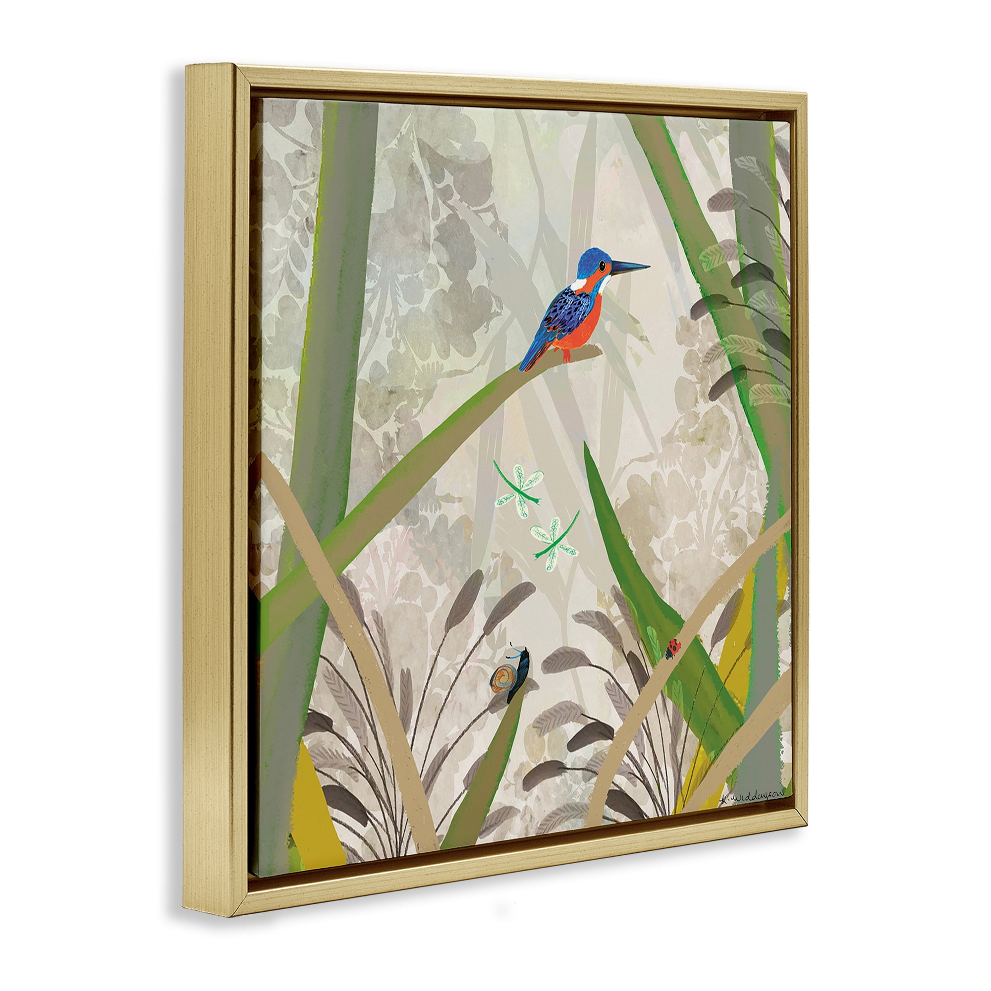 Stupell Industries Kingfisher Among Branches Gold Framed Floater Canvas Wall Art, design by Kay Widdowson