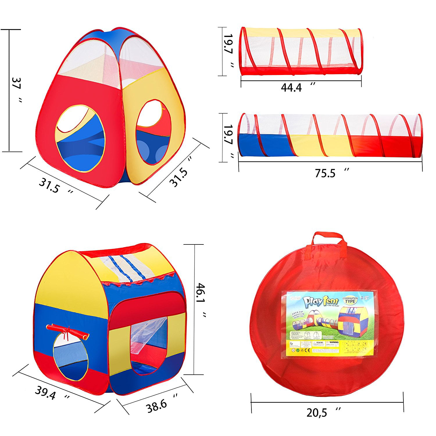 Ball Pits for Boys Girls Toddlers for Indoor & Outdoor Use Children Playhouse w/Zipper Storage Case iCorer Extra Large Kid Tent 4pc Pop Up Children Play Tent w/ 2 Crawl Tunnels & 2 Tents 