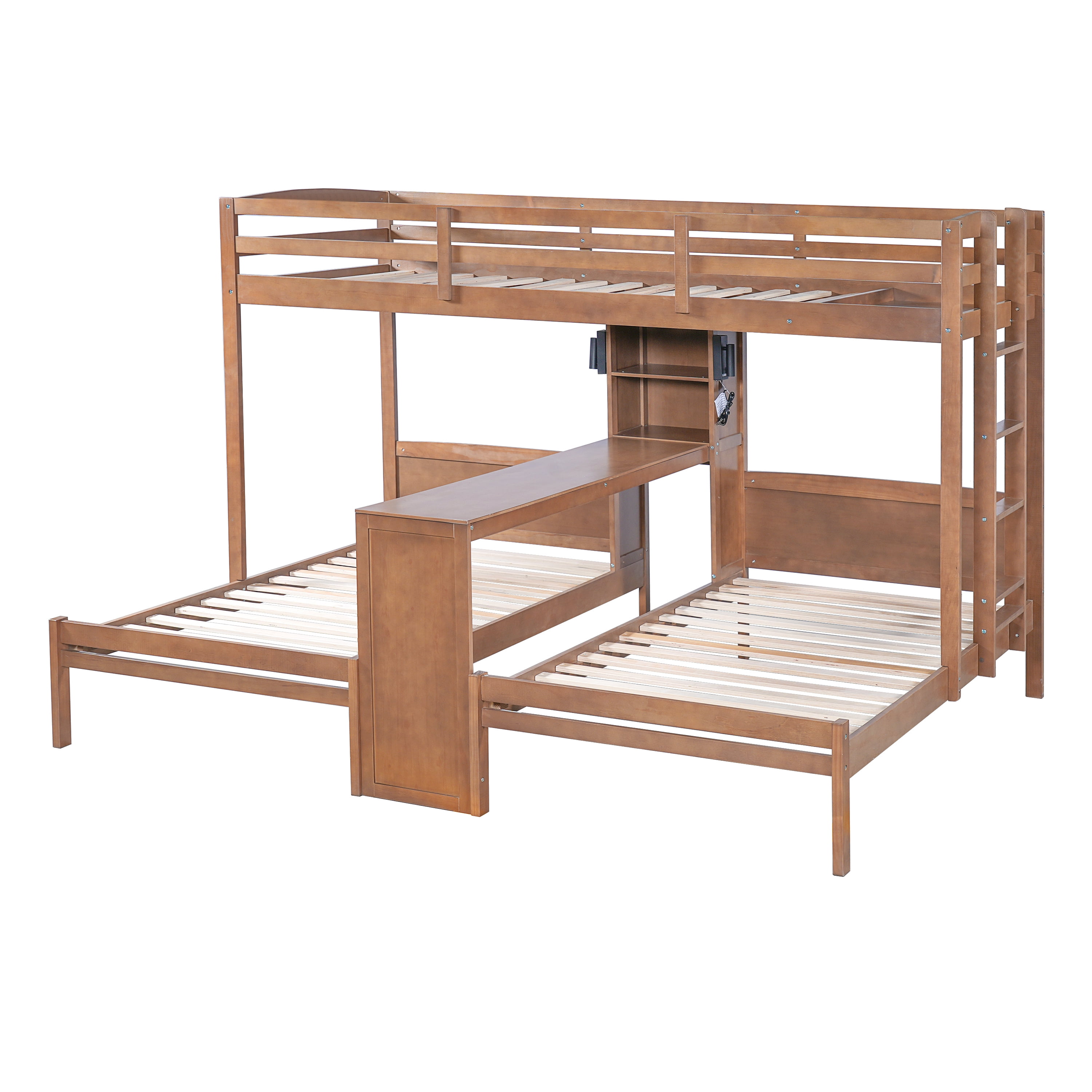 Euroco Wood Twin over Twin Bunk Bed with Desk, 3 Beds in 1 with Shelves and Reading Lamps, Natural