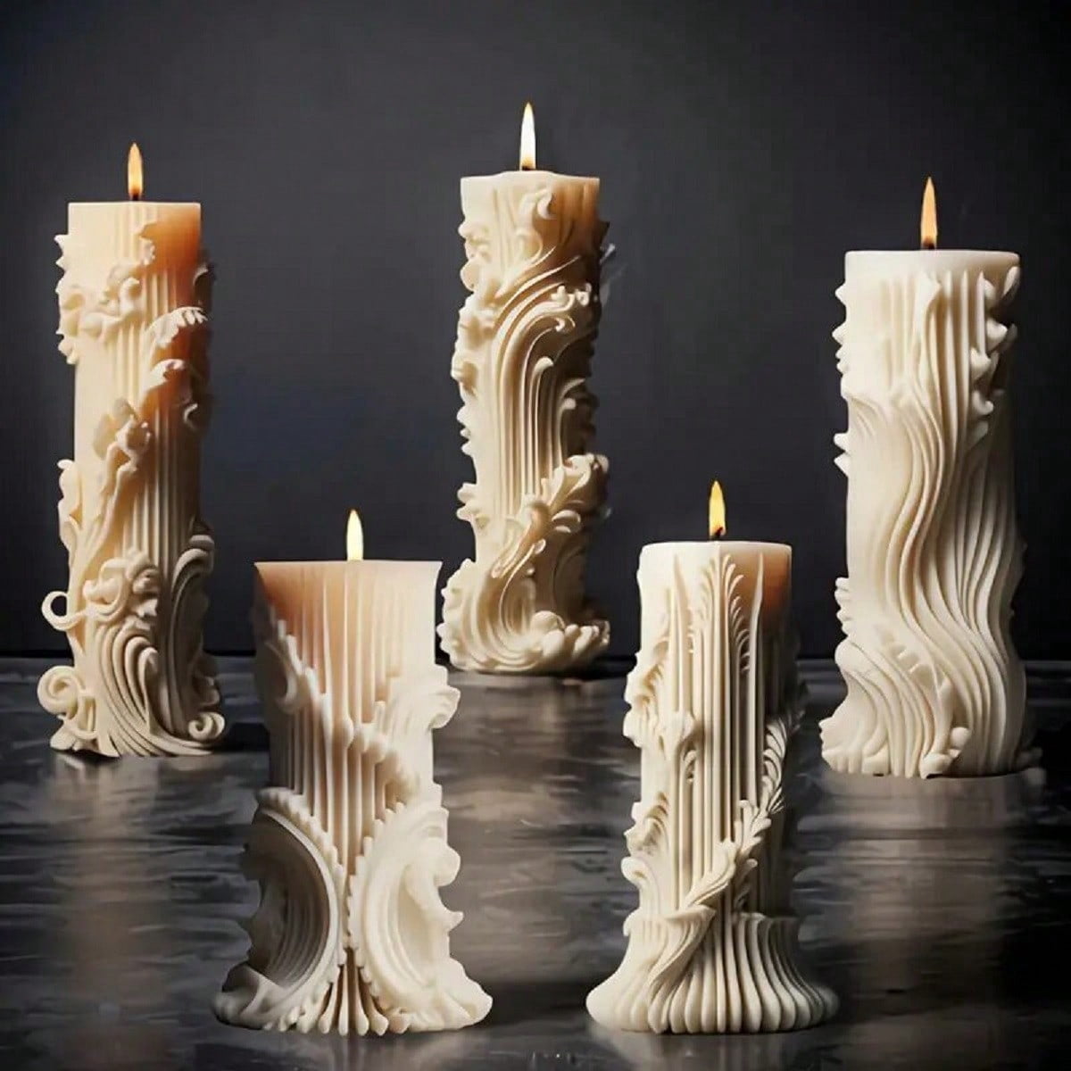 5PCS Silicone Candle Molds Set, 3D Baroque Irregular Shaped Molds Silicone, European Cylinder DIY Resin Wax Molds for Soap Candle Making, Home Decoration