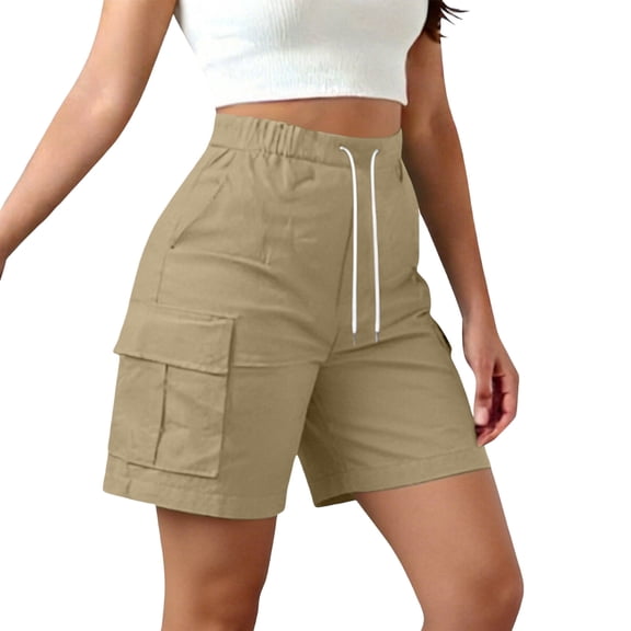 Hurxie Hiking Shorts for Women High Waisted Pull On Cargo Casual Golf 7 Inch Inseam Mid Thigh Shorts Khaki,2XL