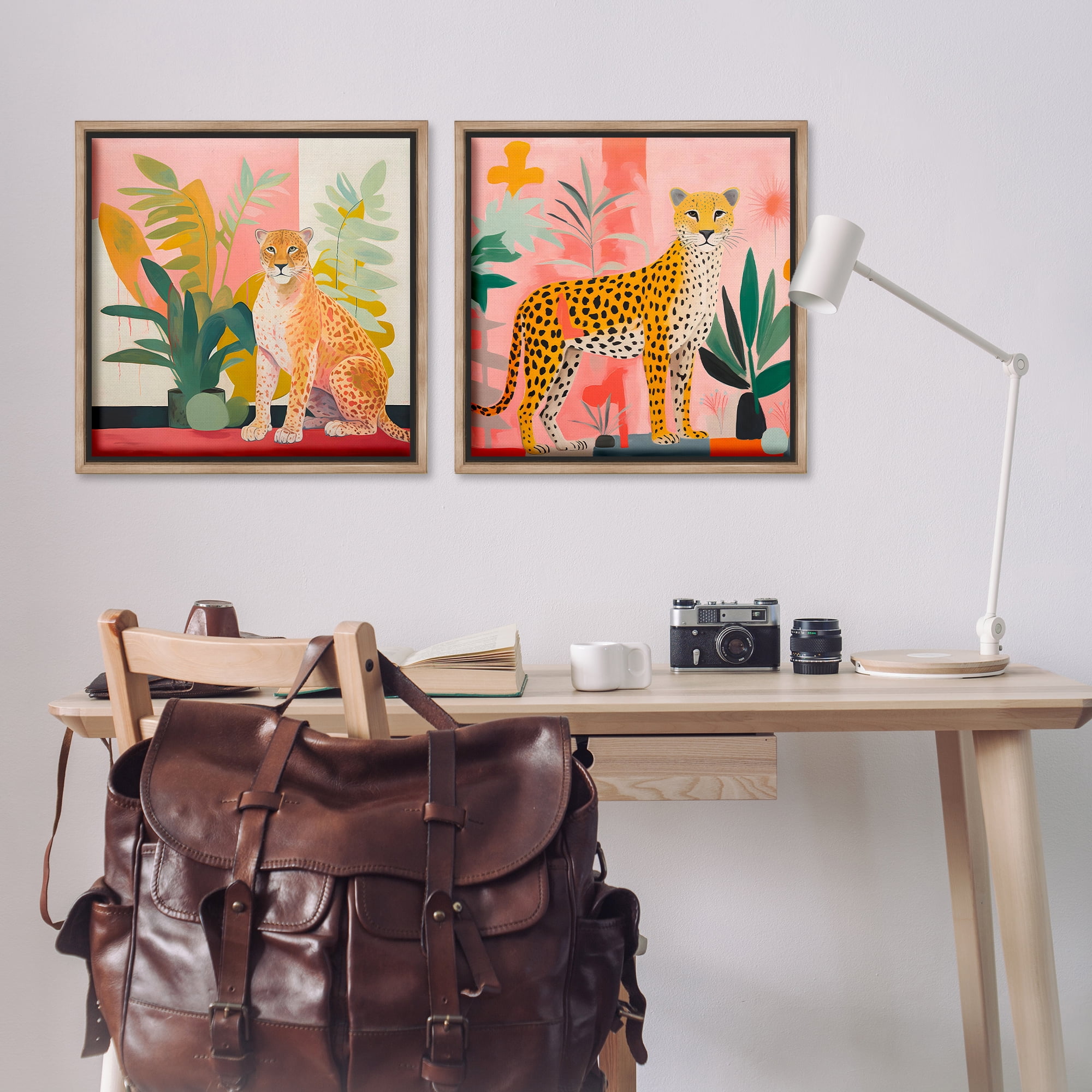 Stupell Industries Jaguar Leopard Potted Palms Animals Painting Brown Floater Framed Canvas Art Print Wall Art, 25 x 25, Set of 2