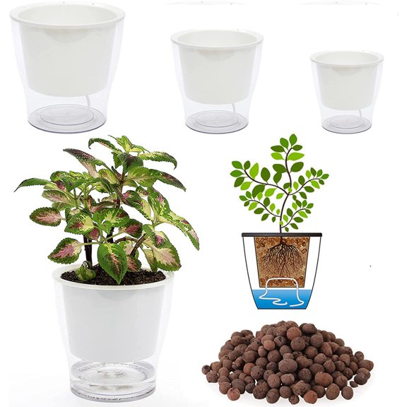AURORA TRADE Clear Self Watering Planters Large Plastic Plant Pots Wick Flower Pots for Indoor Plants, African Violet, Ocean Spider Plant, Orchid Pot, Clear and White