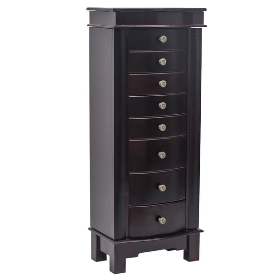 Classic Jewelry Armoire With Mirror 8 Drawers & 16 Necklace Hooks 2 Side Swing Doors Brown