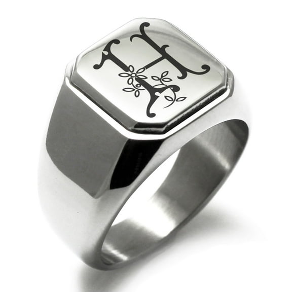 Tioneer Stainless Steel Letter H Initial Floral Monogram Engraved Engraved Square Flat Top Biker Style Polished Signet Ring