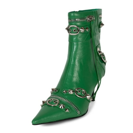 XYD Women s Fashion Rivets Studded Ankle Boots Pointed Toe Kitten Low Heels Zipped Short Booties Dress Clubs Shoes Size 9.5 Green