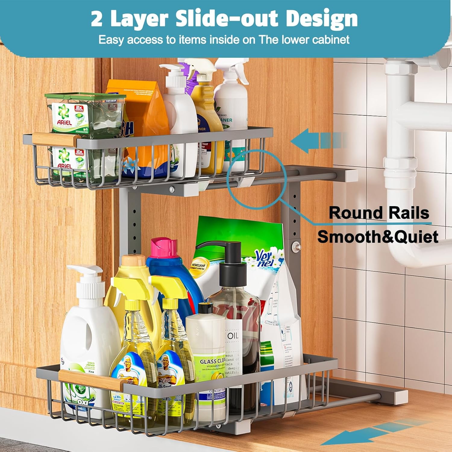 Under Sink Organizer 1 pack, 2 Tier Slide Out Under Sink Organizers And Storage, Height Adjustable Pull Out Cabinet Organizer Drawers, Kitchen Bathroom Metal Sink Storage Shelves