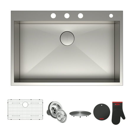 KRAUS Pax™ Zero-Radius 33” Single Bowl Stainless Steel Drop-In Kitchen Sink with 4 Pre-Drilled