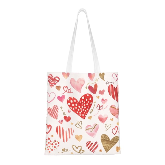 DouZhe Reusable Grocery Bags, Watercolor Heart Doodle Lightweight Polyester Canvas Cloth Tote Bag for Travle Gym Shopping School, 15" x 16"