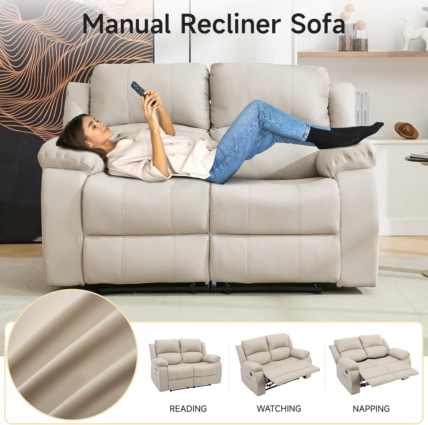 Chizzysit Reclining Couch Sleeper Sofa Set Chaise Lounge Chair Leather Recliner Couch Loveseat for Living Room, Theater Seating - Beige
