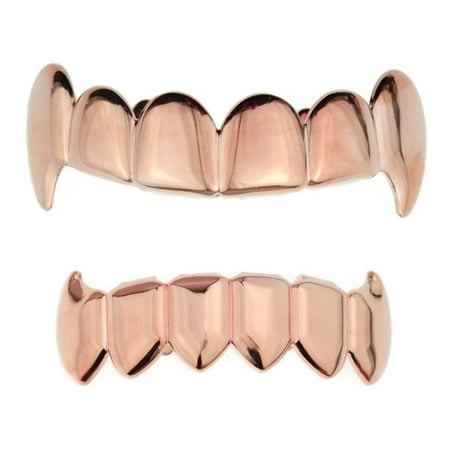 14K Rose Gold Plated Full Fang Grillz Set Upper Top And Bottom Lower Fangs Vampire Teeth Hip Hop