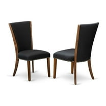 HomeStock - Set Of 2 - Dinner Chairs- Wooden Dining Chairs Includes Seaside Style Walnut Wooden Frame With Black Linen Fabric Seat With Nail Head And Stylish Back