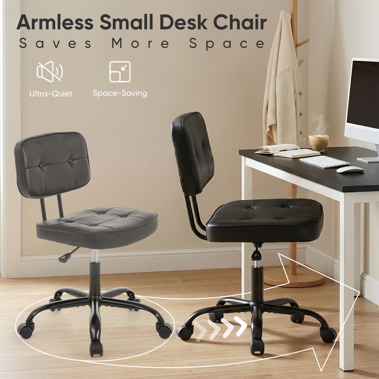 Gianna Ergonomic PU Leather Desk Chair, Armless Rolling Chair with Thickened Cushion for Small Spaces