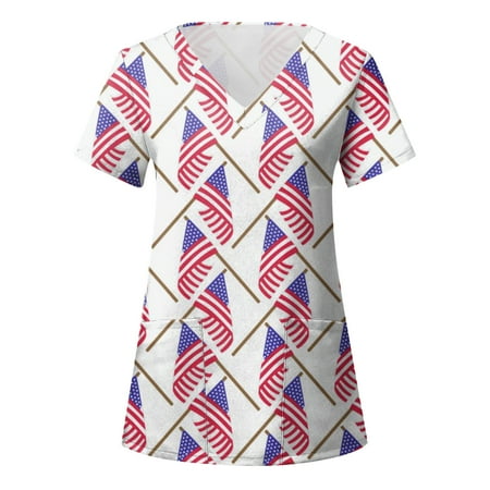 

Scrubs Top Uniform Nurses Clothing Workwear Women Independence Day Printed Daily Summer V-Neck Tops American 4th Of July Short Sleeve Workout Shirts Casual Loose Tees Simple Streetwear