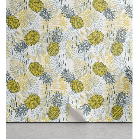 Ambesonne Floral Peel & Stick Wallpaper for Home, Vintage Pinapple and Palms, 13"x72", Mustard Blue Grey