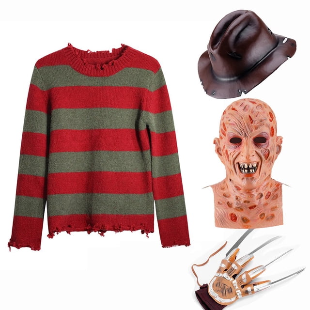 p-jsmen-disfraz de cosplay de freddy krueger para hombre suéter de punto a rayas rojas, sombrero de copa, máscara, accesorios de halloween conjunto que incluye suéter de punto a rayas horizontales rojo y verde oliva con borde deshilachado (tallas M/L según ficha), sombrero de copa marrón estilo fedora, máscara de látex con textura de quemaduras y guante con cuchillas metálicas. Vista frontal centrada sobre fondo blanco; adecuado para fiestas y eventos temáticos.