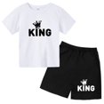 thumbnail image 3 of Conjunto de 2 piezas de camiseta y pantalones cortos con estampado de letras para niños y adolescentes de verano de 4 a 14 años, ropa informal de manga corta para niños y niñas, 3 of 5