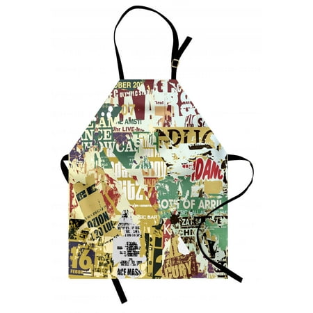 Retro Apron Grunge Style Collage Print of Old Torn Posters Magazines Newspapers Paper Art Print, Unisex Kitchen Bib Apron with Adjustable Neck for Cooking Baking Gardening, Multicolor, by