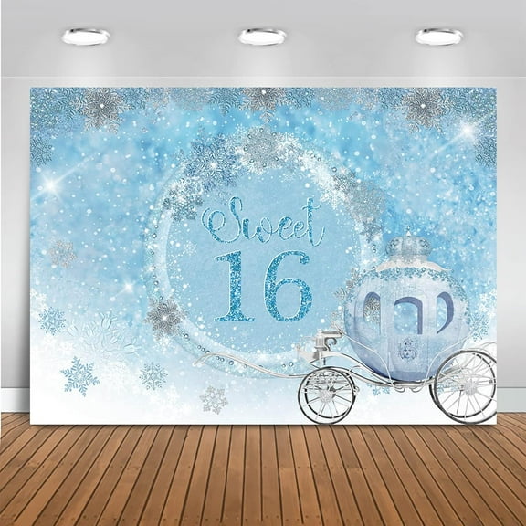 Sweet 16 Birthday Backdrop Shiny Glitter Blue Silver Snowflake Princess Sweet Sixteen Photography Background for Girls Happy 16th Birthday Party Decorations Banner