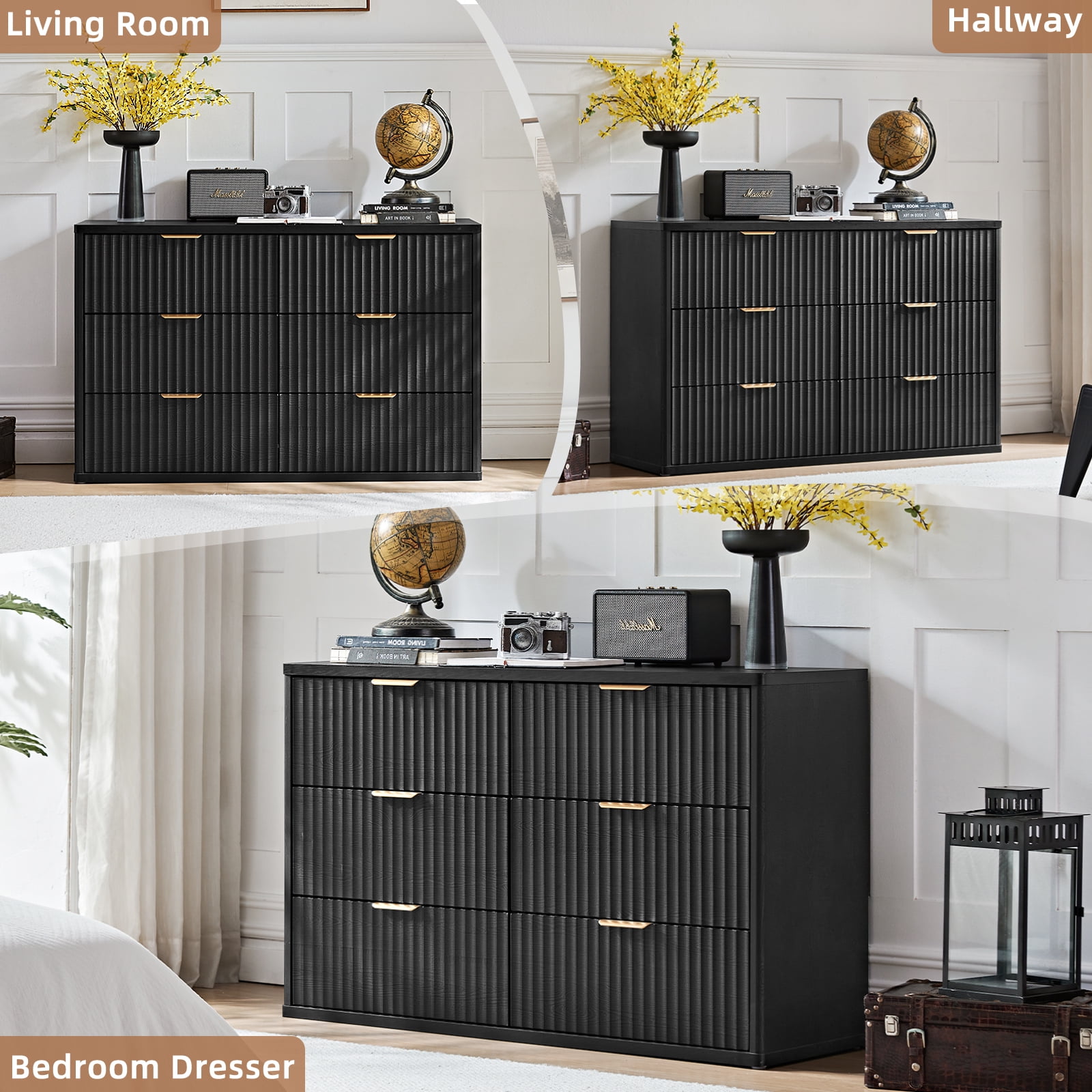 LELELINKY Fluted Dresser for Bedroom, Modern Wooden 6 Drawer Dresser, Storage Cabinet Chest of Drawers for Living Room Hallway, Black