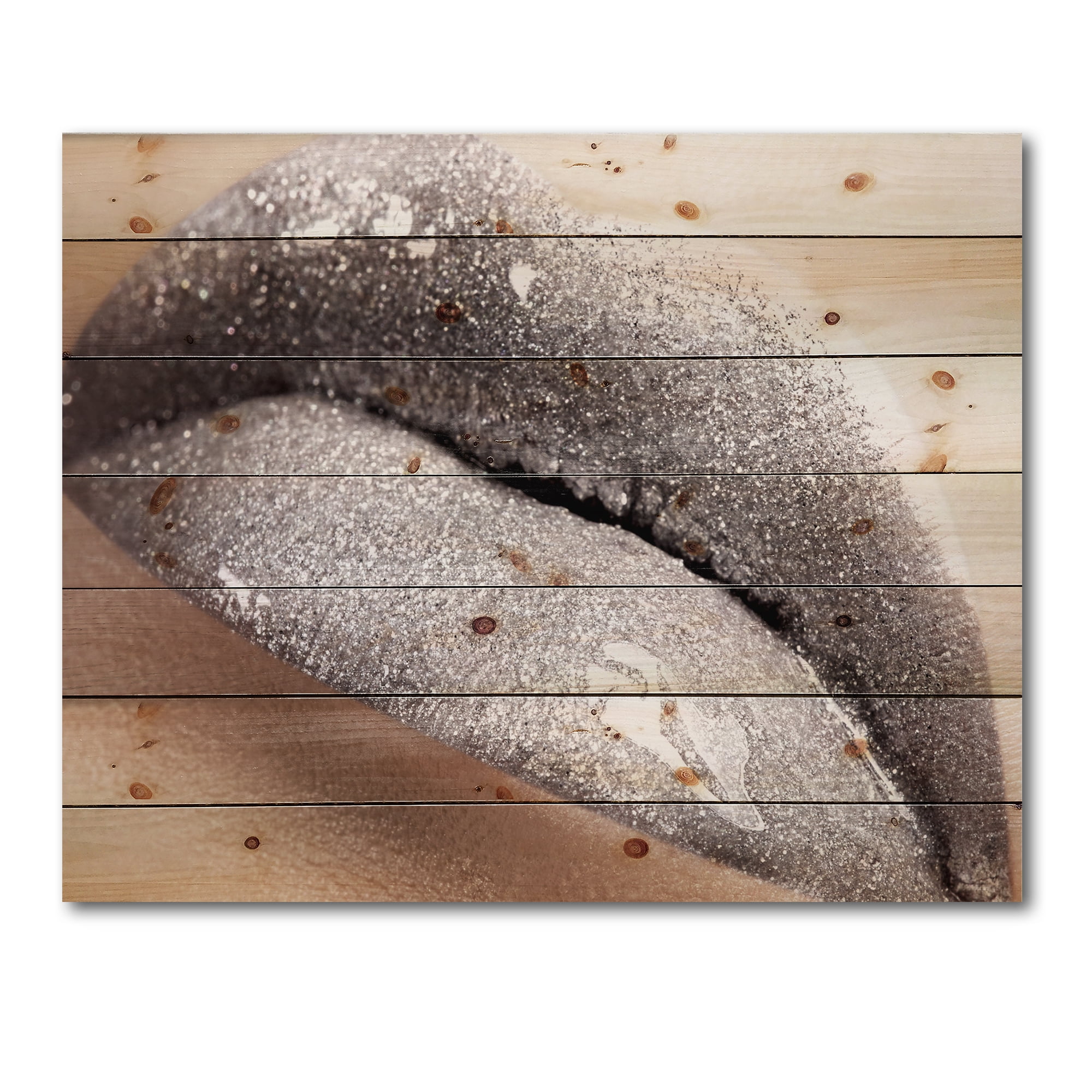 Designart 'Close Up of Female Lips With Glittering Silver' Modern Print on Natural Pine Wood