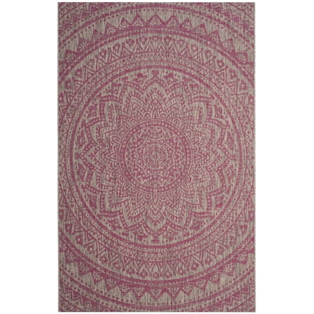 SAFAVIEH Courtyard Josiah Floral Medallion Indoor/Outdoor Area Rug, 4' x 5'7", Light Grey/Fuchsia