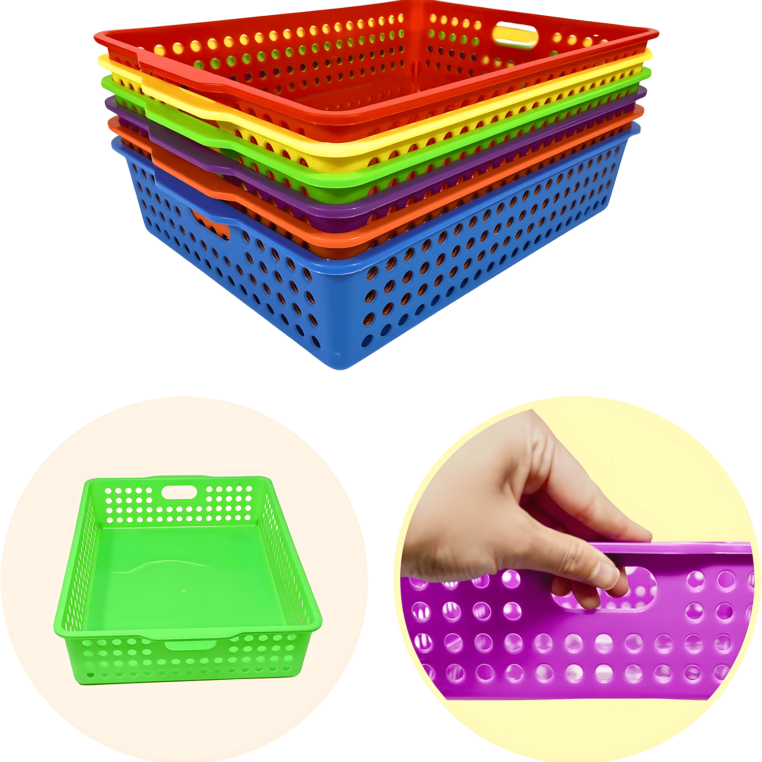4E's Novelty 6 Pack Colorful Plastic Classroom and Office Storage Bins, A4 Paper Trays with Handles, Stackable