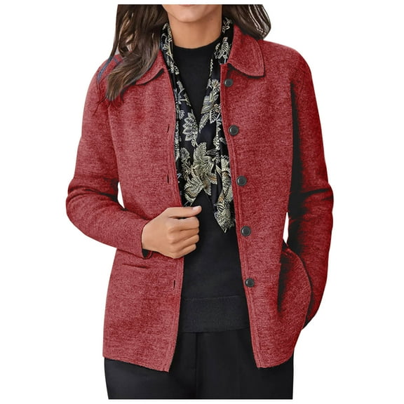 XFLWAM Women's Oversized Long Sleeve Shacket Jacket Lapel Solid Color Button Down Wool Blend Coats with Pockets Red XL